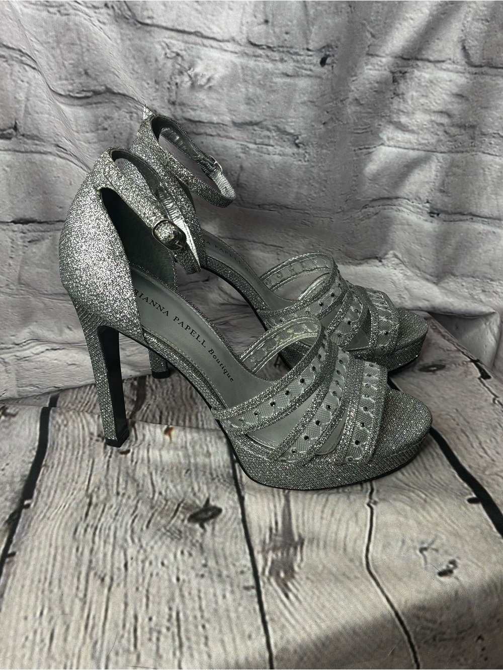 Formal Fairytale Cinderella Bougie Silver Glitter Platform Stiletto Heels Sz 7